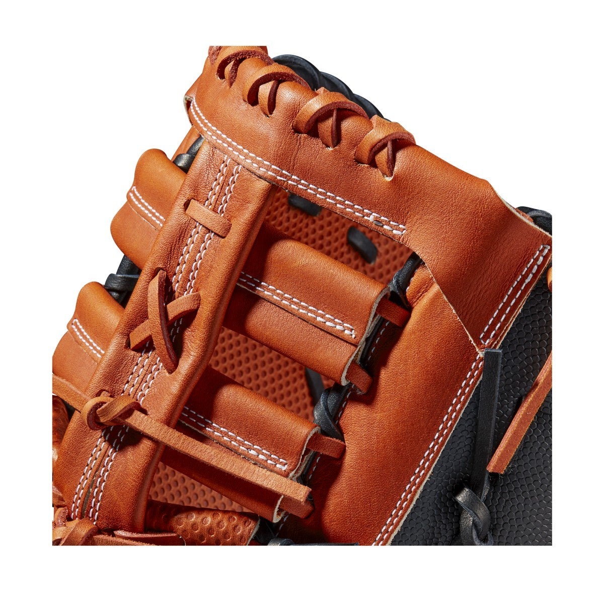 Close-up of the Wilson A2000 SC1620SS 12.5" SuperSkin First Base Mitt (WBW100123125), featuring detailed stitching, laces, and SpinControl Technology on the textured leather padding inside.