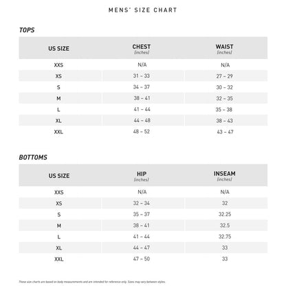 Mizuno Adult Premier Pro G2 Open Bottom Baseball Pants (350386) size chart displays men’s US sizes XXS–XXL with hip and inseam measurements in inches, shown in a clear, professional table format.