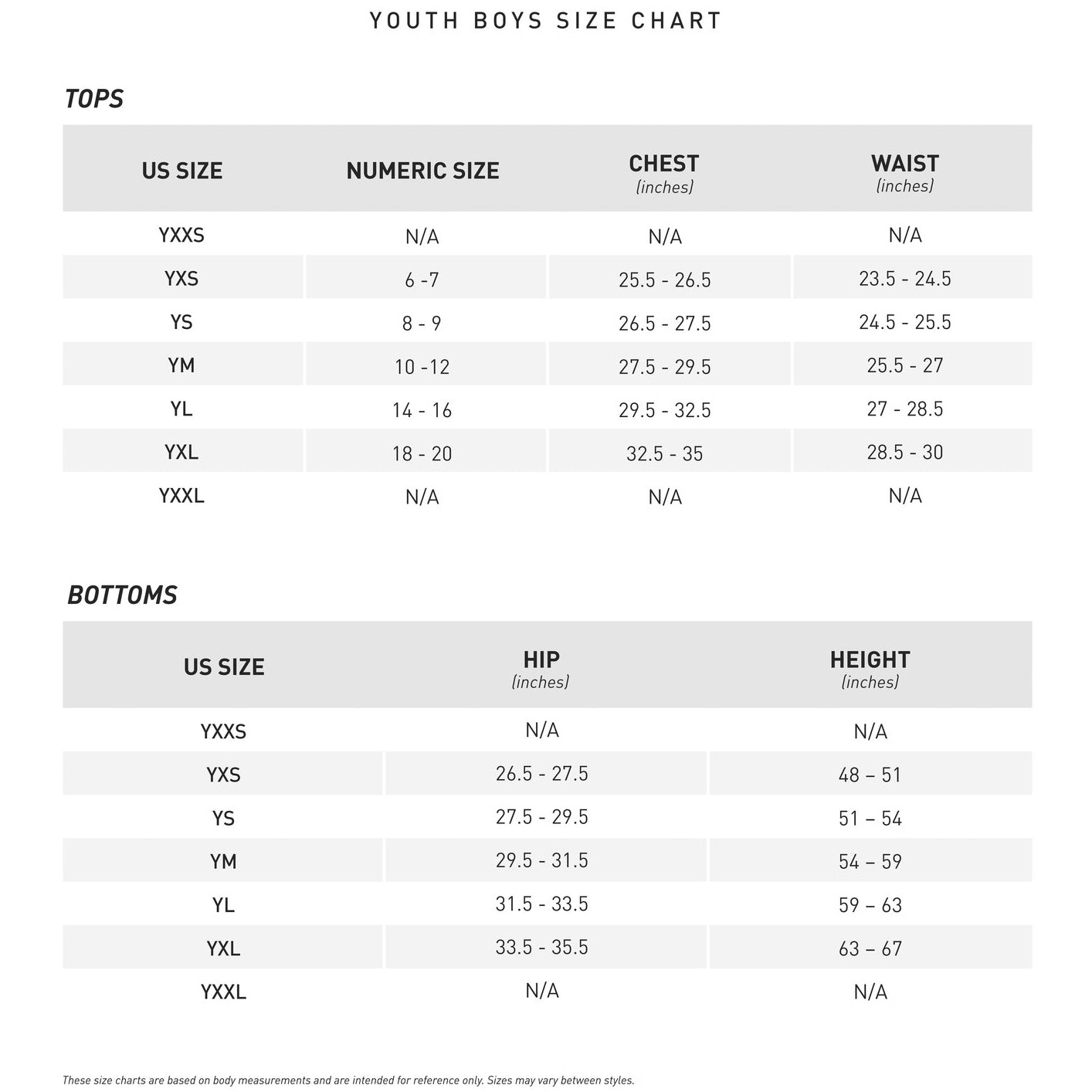 The Mizuno Youth Premier Pro G2 Open Bottom Baseball Pants (350389) size chart lists YXXS-YXXL, numeric sizes, chest, waist, hip, and height in inches. Some pants have double knee construction; some measurements are N/A.