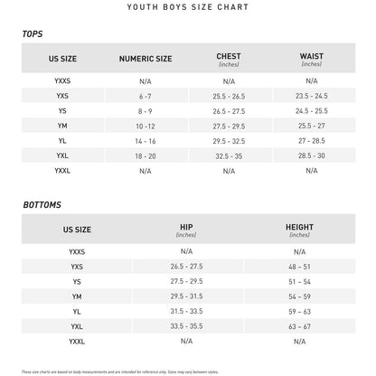 Youth boys size chart for tops and Mizuno Youth Premier Short Knicker Baseball Pants: 350312 shows size, numeric size, chest, waist, hip, and height in inches for YXXS—YXXL; some measurements are listed as N/A.