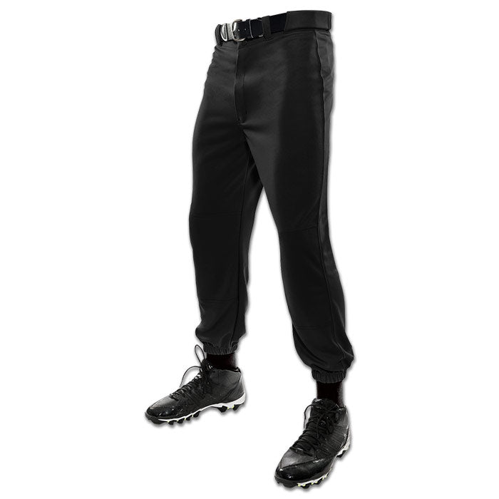 A person wearing Champro Sports Champro Youth MVP Classic Baseball Pants (BP4Y) with double knee protection, a belt through pro-style belt loops, black socks, and black cleats stands on a white background.