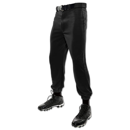 A person wearing Champro Sports Champro Youth MVP Classic Baseball Pants (BP4Y) with double knee protection, a belt through pro-style belt loops, black socks, and black cleats stands on a white background.