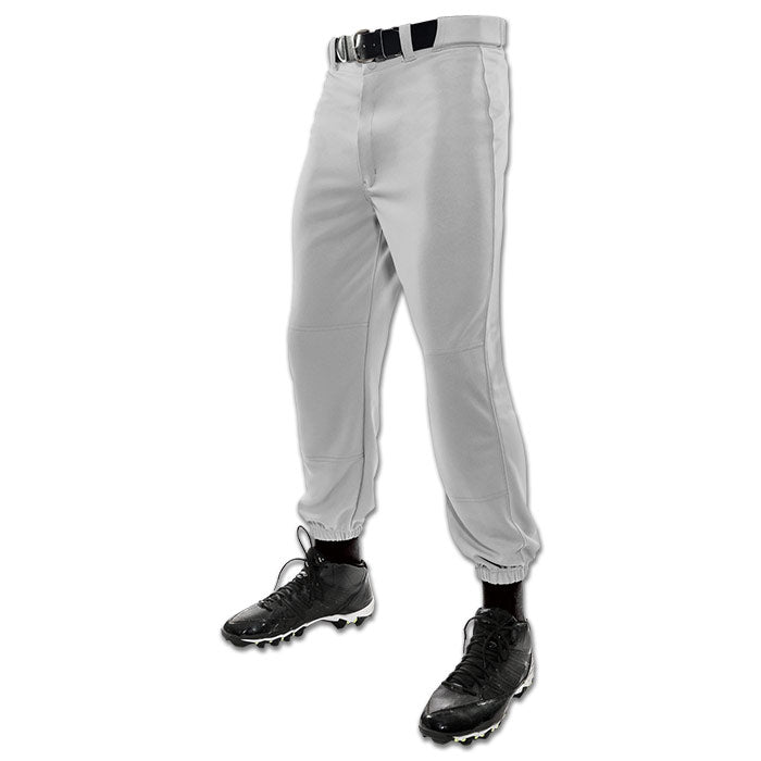 A youth stands against a white background wearing Champro Sports Champro Youth MVP Classic Baseball Pants: BP4Y in light gray with pro-style belt loops and double knee construction, along with a black belt, socks, and cleats. Image is cropped above the waist.