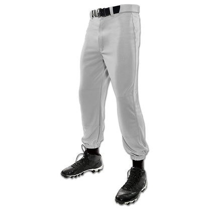 A youth stands against a white background wearing Champro Sports Champro Youth MVP Classic Baseball Pants: BP4Y in light gray with pro-style belt loops and double knee construction, along with a black belt, socks, and cleats. Image is cropped above the waist.