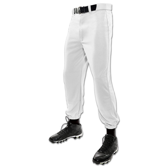 A person stands on a white background wearing Champro Sports Champro Youth MVP Classic Baseball Pants: BP4Y with four-way stretch, along with a black belt, black socks, and black cleats. The image is cropped at the waist and shows no upper body.