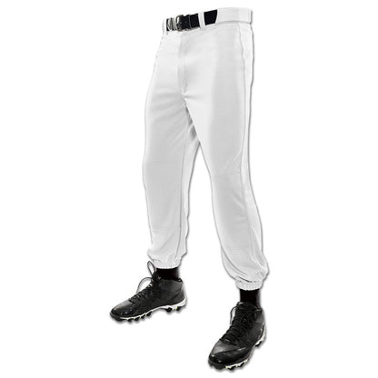 A person stands on a white background wearing Champro Sports Champro Youth MVP Classic Baseball Pants: BP4Y with four-way stretch, along with a black belt, black socks, and black cleats. The image is cropped at the waist and shows no upper body.