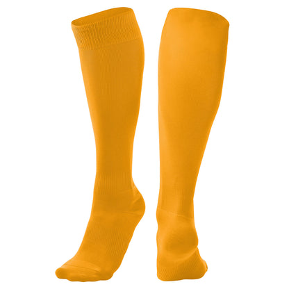 A pair of Champro Sports Pro Socks: AS1, plain knee-high orange athletic socks, is displayed upright against a white background.