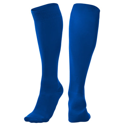 A pair of Champro Sports Champro Pro Socks: AS1, plain knee-high blue performance socks, are shown standing upright against a white background.