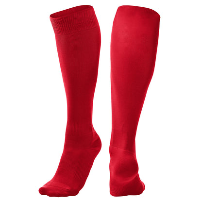 A pair of Champro Pro Socks: AS1 by Champro Sports in bright red, knee-high length, stand upright on a white background with one sock angled forward and the other facing straight ahead.