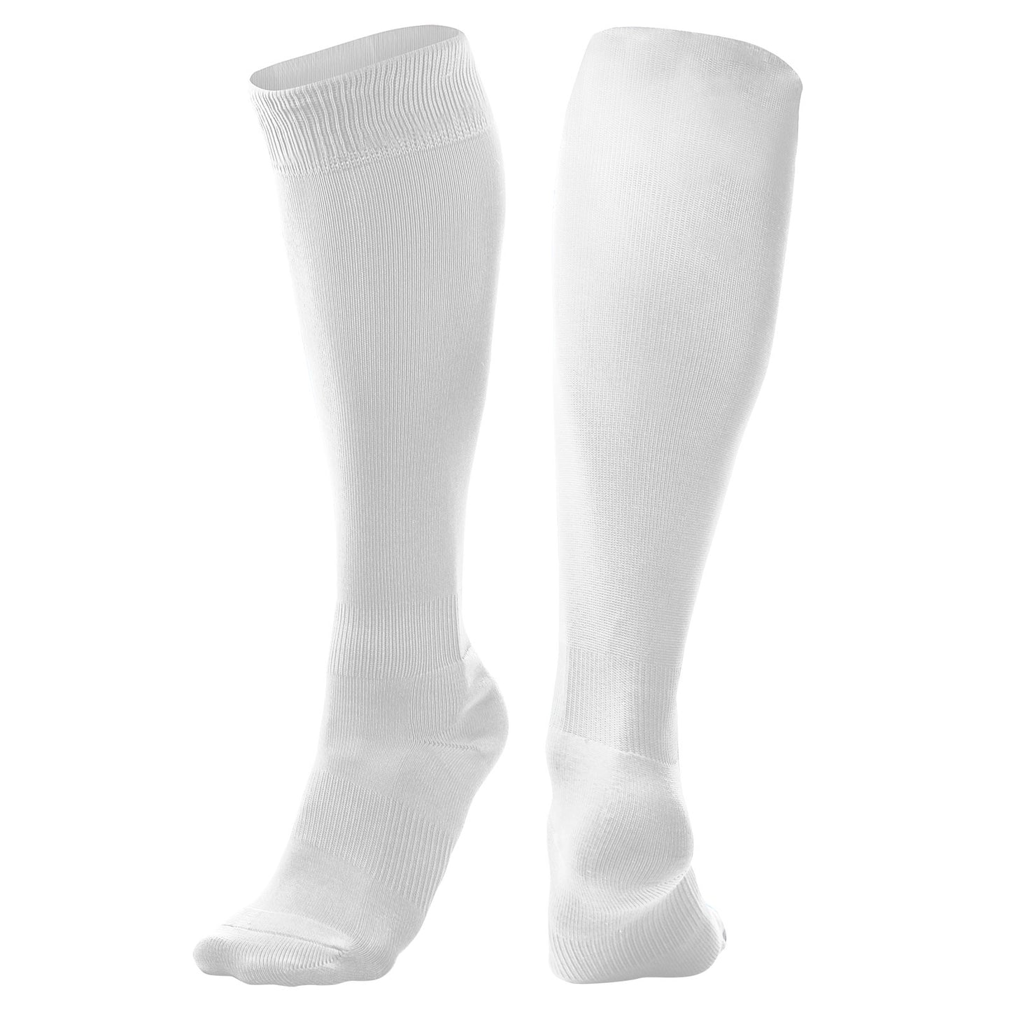 A pair of Champro Sports Champro Pro Socks: AS1, long and plain white, are standing upright on a white background—one sock facing forward, the other backward.