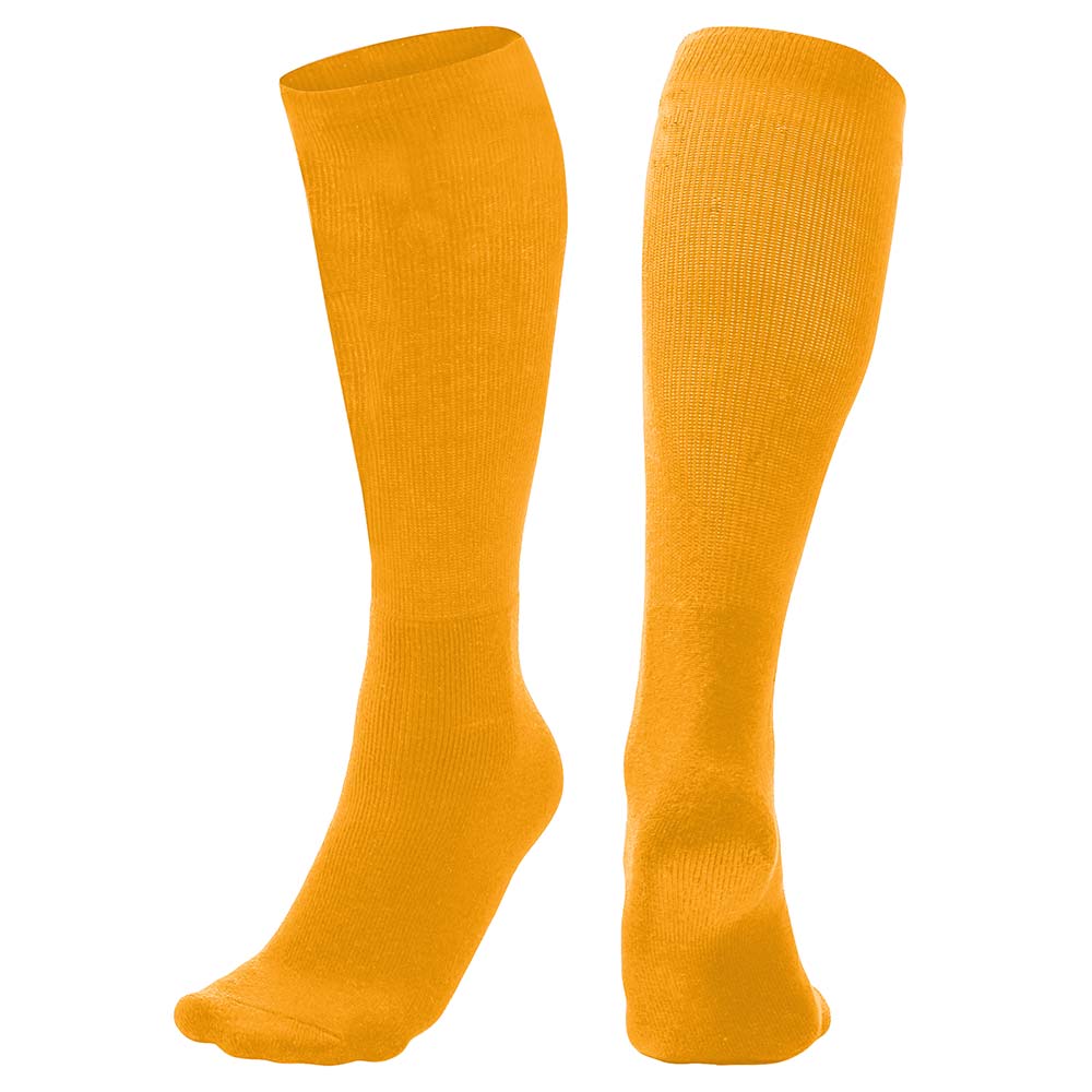 A pair of Champro Sports Multi-Sport Socks: AS2 in gold, unisex knee-highs with one sock facing forward and the other turned to show the side and heel.