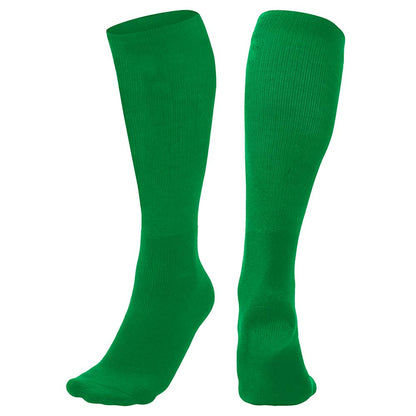 The Champro Sports Multi-Sport Socks: AS2 by Champro Sports are shown upright on a white background, with one green knee-high unisex tube sock displaying the front and the other showing the back and bottom.