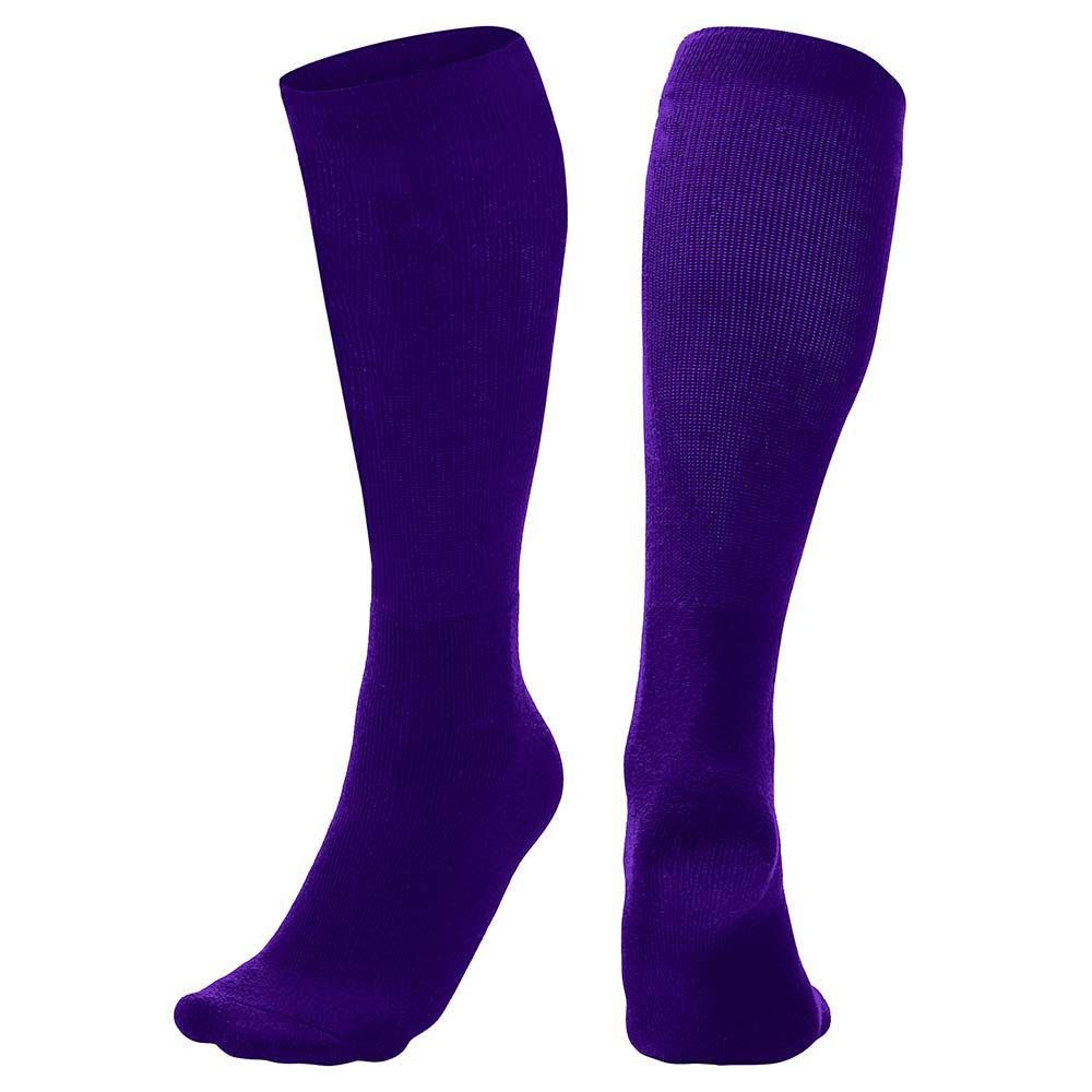 The Champro Sports Multi-Sport Socks (AS2) by Champro Sports are unisex, plain, knee-high socks in purple, shown upright with both front and back views against a white background.