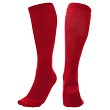 The image features a pair of Champro Sports Multi-Sport Socks: AS2 in scarlet. One knee-high, unisex tube sock stands upright showing the heel, while the other is angled forward, revealing the toe and top.