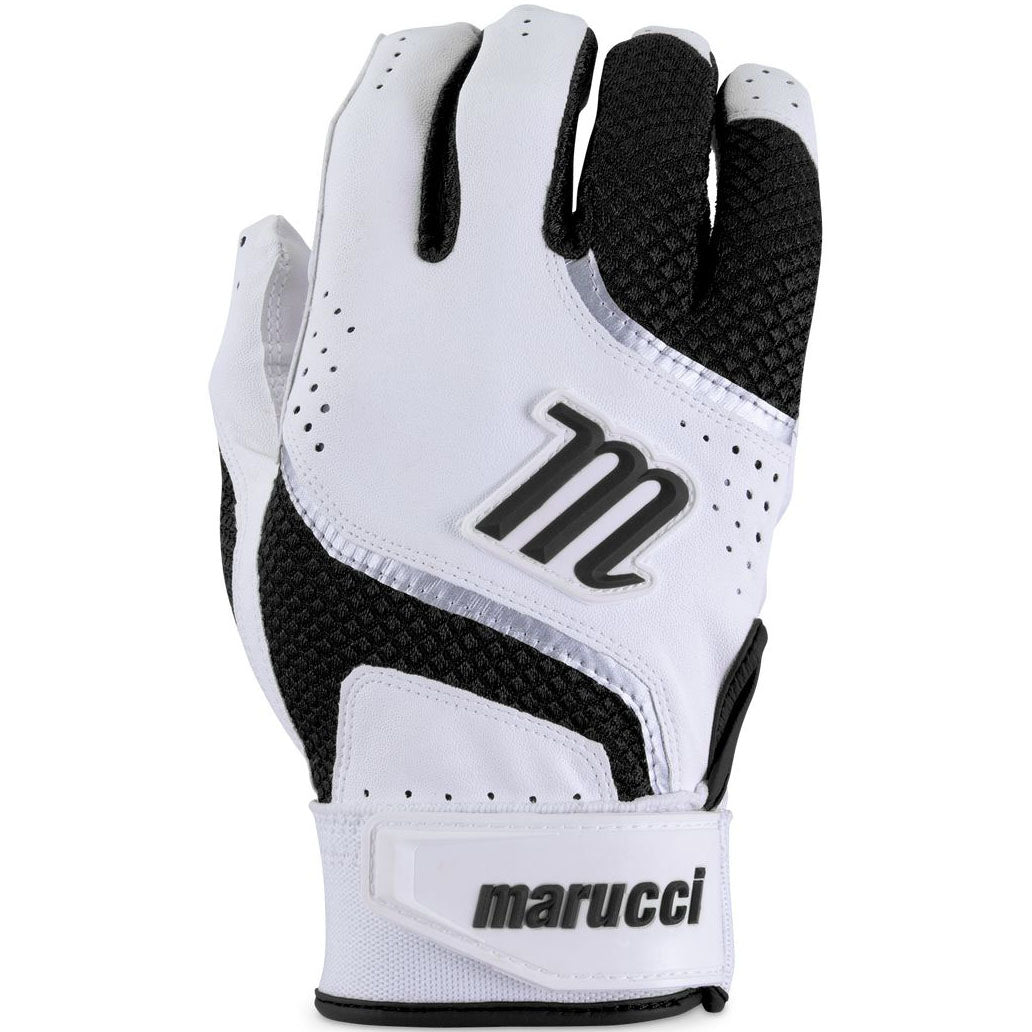 The Marucci Code Adult Batting Gloves (MBGCD2) feature a white and black design, leather palm, bold black "M" logo on the back, and "marucci" printed on the adjustable wrist strap.