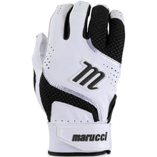 The Marucci Code Adult Batting Gloves (MBGCD2) feature a white and black design, leather palm, bold black "M" logo on the back, and "marucci" printed on the adjustable wrist strap.