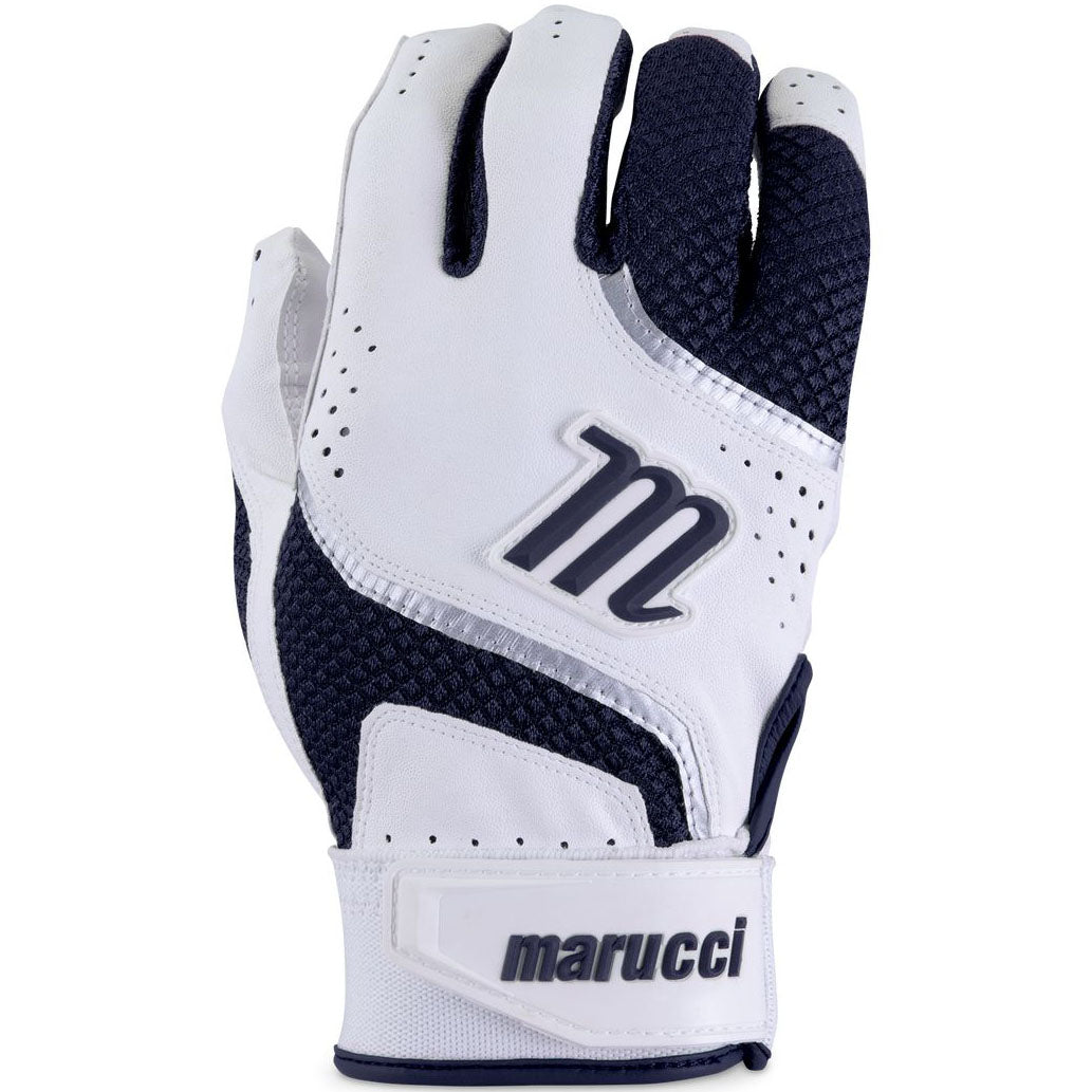 The Marucci Code Adult Batting Gloves (MBGCD2) feature a white and navy design, leather palm, large M logo on the back, and "marucci" on the wrist strap—shown palm down.