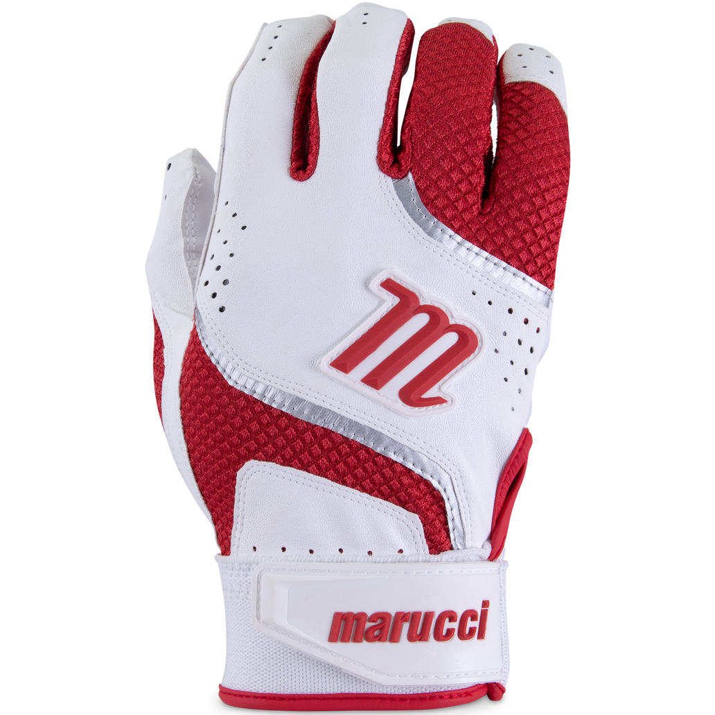 A close-up of the Marucci Code Adult Batting Gloves (MBGCD2) showcases their textured design and comfort, making them ideal for enhanced grip during any sporting activity.