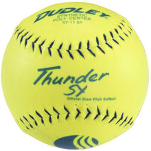 The Dudley USSSA Thunder SY Classic W 11" 44/400 Synthetic Slowpitch Softball (4U542Y) features a bright yellow cover, blue stitching, and "Official Slow Pitch Softball" printed text. Brand: Dudley.
