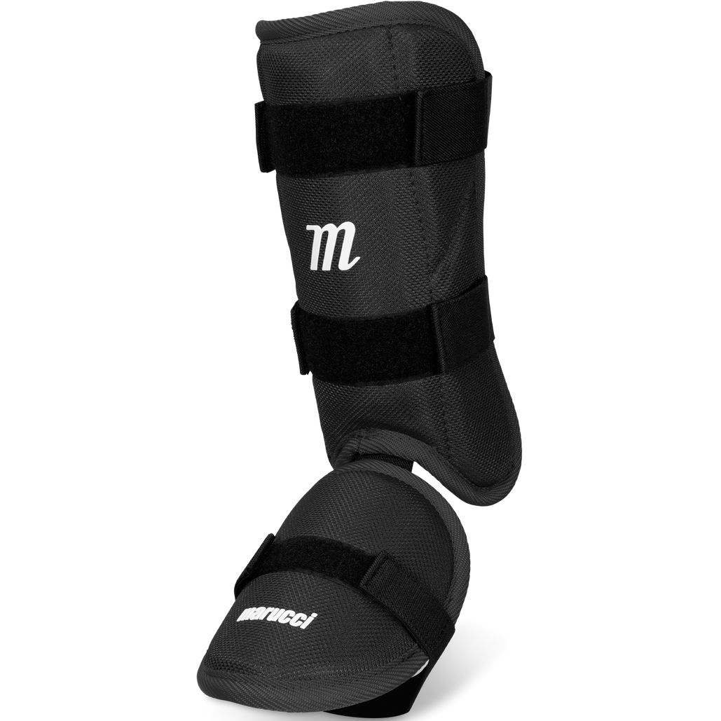 The Marucci Batter's Leg Guard: MPLG3 is a black leg guard with straps, offering an adjustable shin guard and extended ankle protection.