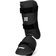 The Marucci Batter's Leg Guard: MPLG3 is a black leg guard with straps, offering an adjustable shin guard and extended ankle protection.