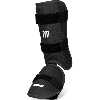 The Marucci Batter's Leg Guard: MPLG3 is a black leg guard with straps, offering an adjustable shin guard and extended ankle protection.