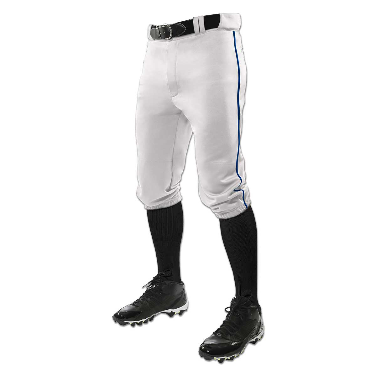 A person wears Champro Sports Champro Adult Triple Crown Knicker Baseball Pants with Piping (BP101A) in abrasion-resistant white with blue side stripes, pro-weight fabric, plus a black belt, knee-high socks, and cleats. Upper body not visible.