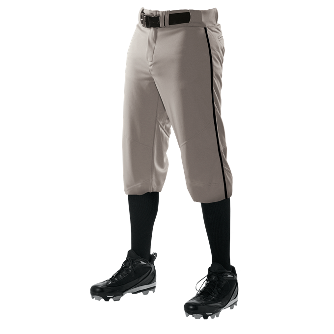 Alleson Adult Crush Knicker Baseball Pants with Piping (655PKB) by Alleson in gray, paired with a black belt, socks, and cleats. Features sliding protection and shown worn from the waist down.