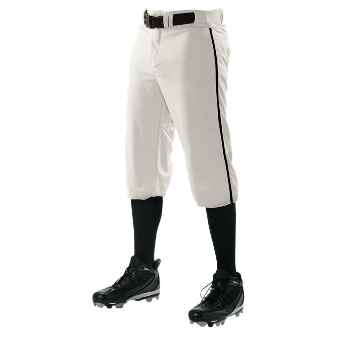 The image features only the lower body, waist to feet, showcasing Alleson Adult Crush Knicker Baseball Pants with black piping and belt (model 655PKB), made from durable double-knit polyester, paired with black knee-high socks and cleats.