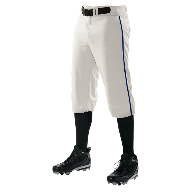 Wearing Alleson Adult Crush Knicker Baseball Pants with blue piping (655PKB), a black belt, black knee-high socks, and black cleats. Only the lower body is shown; the upper body and head are out of frame.