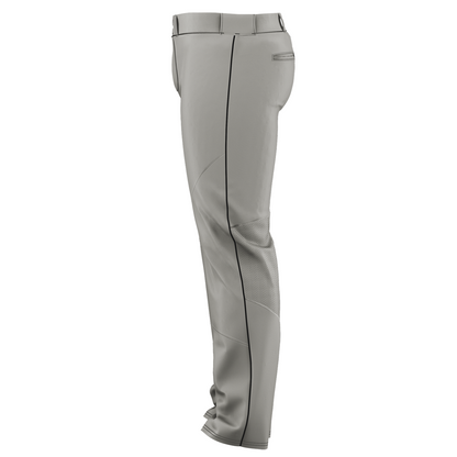 The Alleson Adult Crush Open Bottom Baseball Pants with Piping (655WLB) by Alleson feature a wide leg design, black stripe piping, and durable double-knit polyester for enhanced sliding protection.