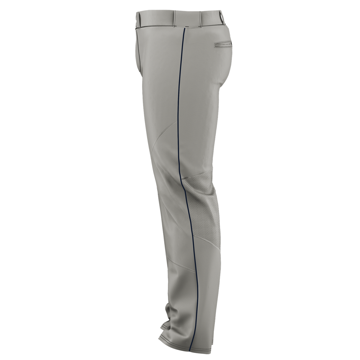 The Alleson Adult Crush Open Bottom Baseball Pants with Piping (655WLB) by Alleson are light gray, wide-leg double-knit polyester pants with a dark side stripe, shown from the back and side against a white background.