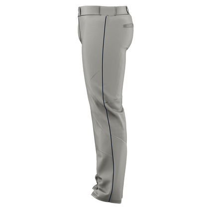 The Alleson Adult Crush Open Bottom Baseball Pants with Piping (655WLB) by Alleson are light gray, wide-leg double-knit polyester pants with a dark side stripe, shown from the back and side against a white background.