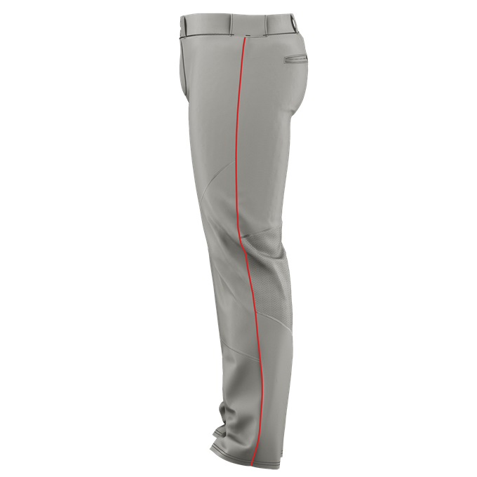 Side view of Alleson Adult Crush Open Bottom Baseball Pants with Piping (655WLB): light gray double-knit polyester with a thin red side stripe, sliding protection, back pocket, and comfortable fitted design. Brand: Alleson.
