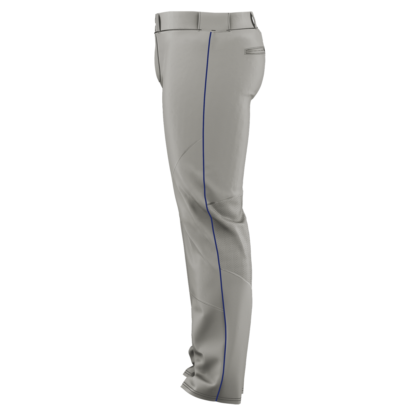 Alleson Adult Crush Open Bottom Baseball Pants with Piping (655WLB) by Alleson shown from the side in gray with a blue stripe. Made of durable double-knit polyester, these pants feature belt loops, a back pocket, reinforced knees, and sliding protection.