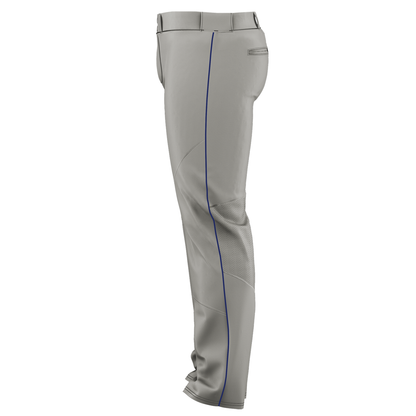 Alleson Adult Crush Open Bottom Baseball Pants with Piping (655WLB) by Alleson shown from the side in gray with a blue stripe. Made of durable double-knit polyester, these pants feature belt loops, a back pocket, reinforced knees, and sliding protection.