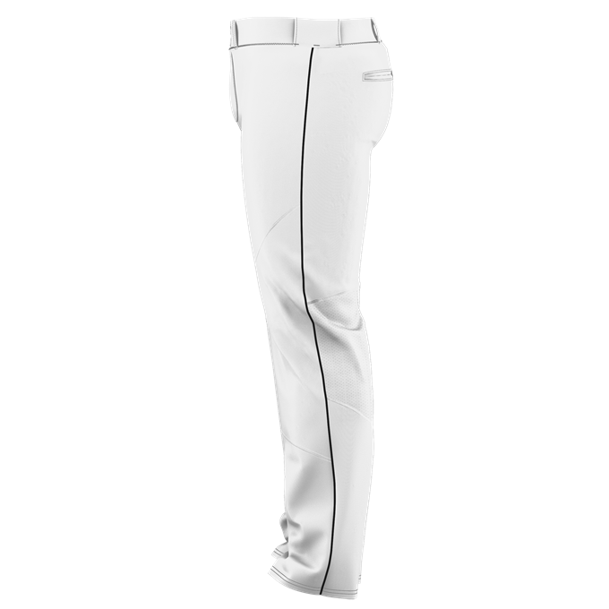 The Alleson Adult Crush Open Bottom Baseball Pants with Piping (655WLB) by Alleson feature white double-knit polyester, black stripes, a wide leg design, and combine sporty style with sliding protection.