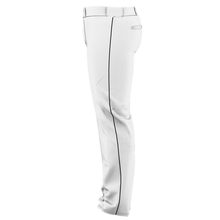 The Alleson Adult Crush Open Bottom Baseball Pants with Piping (655WLB) by Alleson feature white double-knit polyester, black stripes, a wide leg design, and combine sporty style with sliding protection.