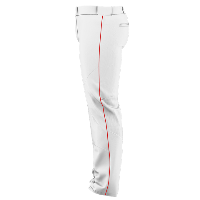 The Alleson Adult Crush Open Bottom Baseball Pants with Piping (655WLB) by Alleson feature durable double-knit polyester and a thin red side stripe, displayed from the side against a plain white background.