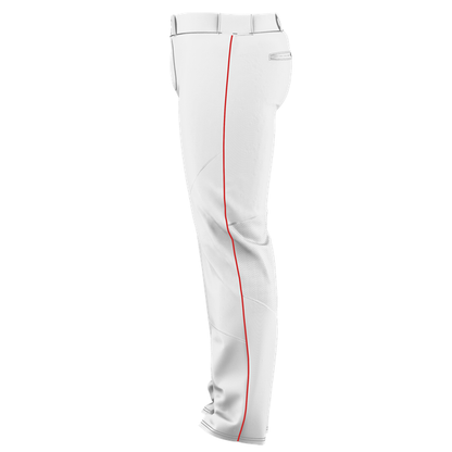 The Alleson Adult Crush Open Bottom Baseball Pants with Piping (655WLB) by Alleson feature durable double-knit polyester and a thin red side stripe, displayed from the side against a plain white background.