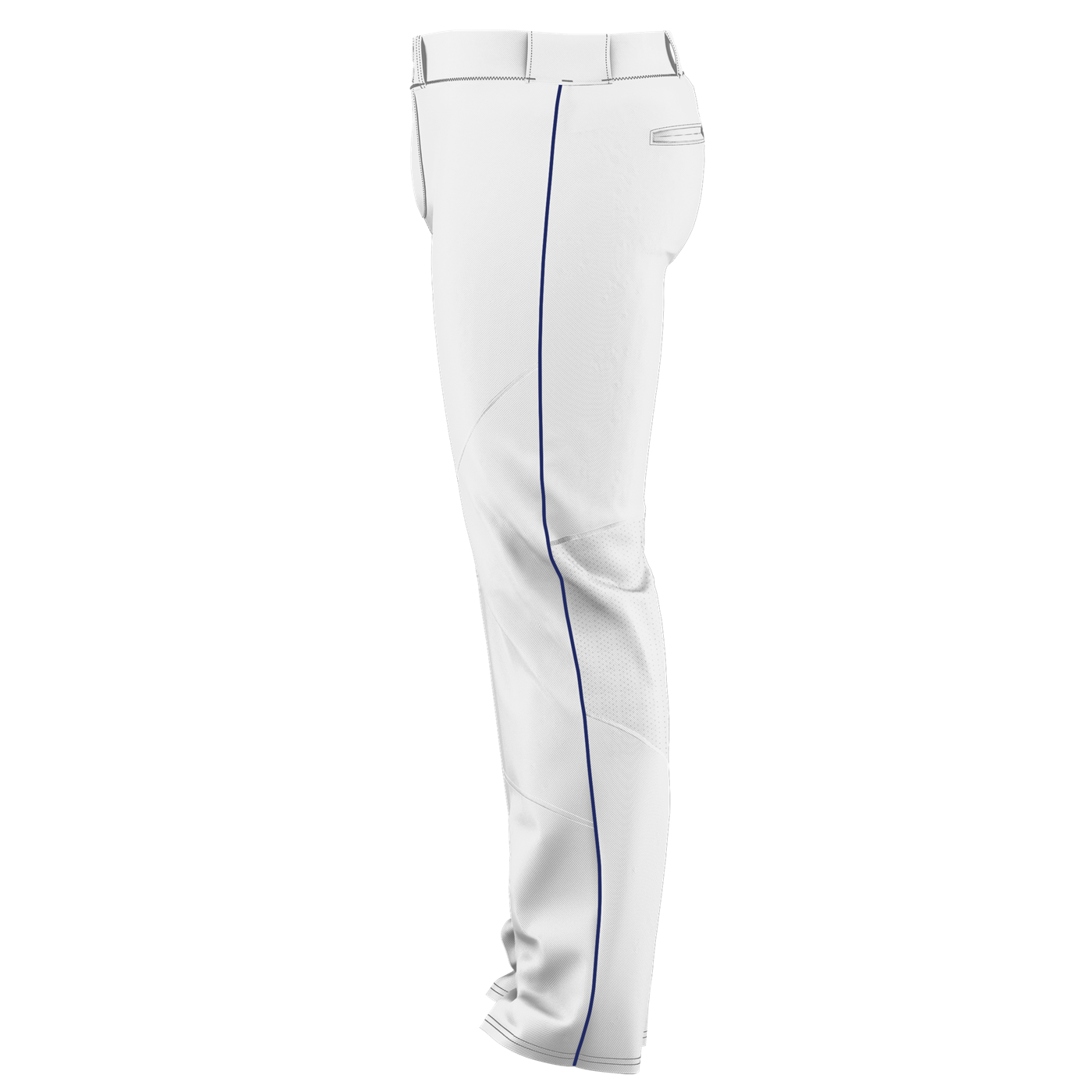 The Alleson Adult Crush Open Bottom Baseball Pants with Piping (655WLB) by Alleson are white double-knit polyester pants, shown side view, featuring a blue vertical stripe and a back flap pocket for durability and style.