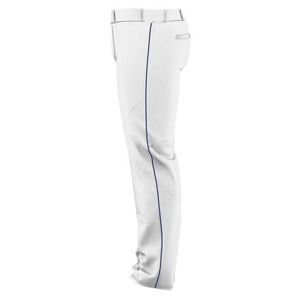 The Alleson Adult Crush Open Bottom Baseball Pants with Piping (655WLB) by Alleson are white double-knit polyester pants, shown side view, featuring a blue vertical stripe and a back flap pocket for durability and style.