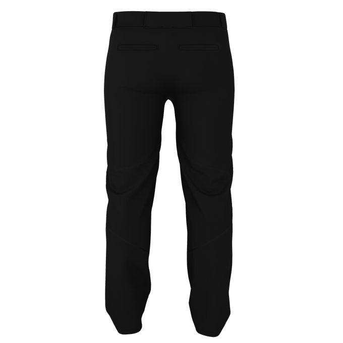 Back view of Alleson Adult Crush Open Bottom Baseball Pants (655WLP) by Alleson, in black double-knit polyester with belt loops, two back welt pockets, tailored seams, and adjustable leg openings, displayed on a plain white background.