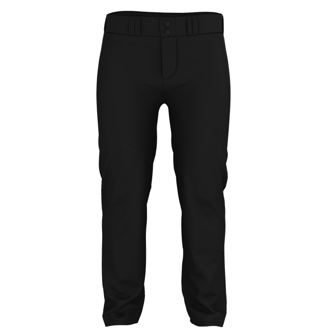 The Alleson Adult Crush Open Bottom Baseball Pants (655WLP) by Alleson are plain black, front-view pants made from durable double-knit polyester, featuring belt loops and a buttoned waistband.