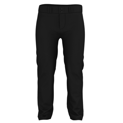 The Alleson Adult Crush Open Bottom Baseball Pants (655WLP) by Alleson are plain black, front-view pants made from durable double-knit polyester, featuring belt loops and a buttoned waistband.