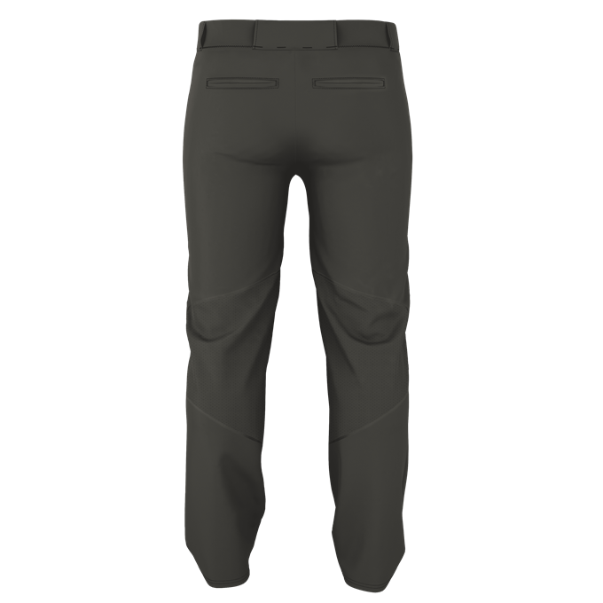 Back view of Alleson Adult Crush Open Bottom Baseball Pants (655WLP) in dark gray, featuring belt loops, two back welt pockets, reinforced knees, adjustable leg openings, and made from durable double-knit polyester for comfort and protection.