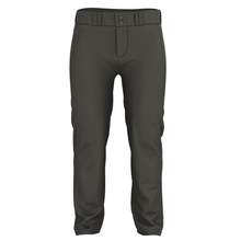 The Alleson Adult Crush Open Bottom Baseball Pants (655WLP) by Alleson are plain black, double-knit polyester pants with a waistband, belt loops, adjustable leg opening, and two front buttons, shown from the front on a white background.