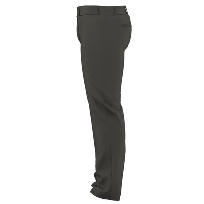 Side view of Alleson Adult Crush Open Bottom Baseball Pants (655WLP) by Alleson, in dark gray with a slim fit, belt loops, back pocket, double-knit polyester fabric, and slightly creased legs.