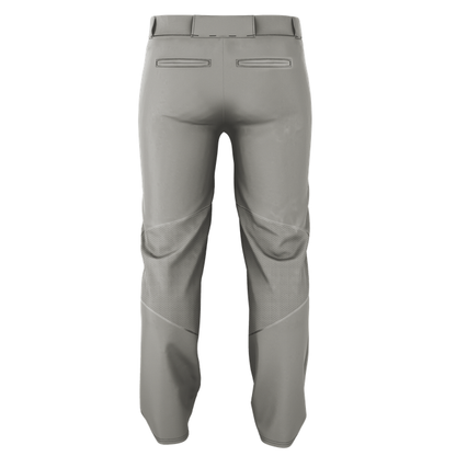 Back view of Alleson Adult Crush Open Bottom Baseball Pants (655WLP) by Alleson in gray double-knit polyester, featuring belt loops, two back welt pockets, reinforced sliding panels, and adjustable leg openings for a custom fit.