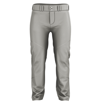 The Alleson Adult Crush Open Bottom Baseball Pants with Piping (655WLB) by Alleson are gray, double-knit polyester pants with belt loops, two front buttons, visible seams, and a fitted design for sliding protection. Shown from the front on a white background.